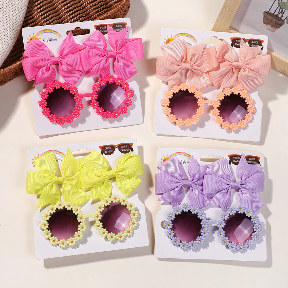 3Pcs/set Cheer Bow Hairclips Retro Flower Sunglasses for Kids Printing Handmade Hairgripes Girls Headwear Glasses Accessories - TiniLoom