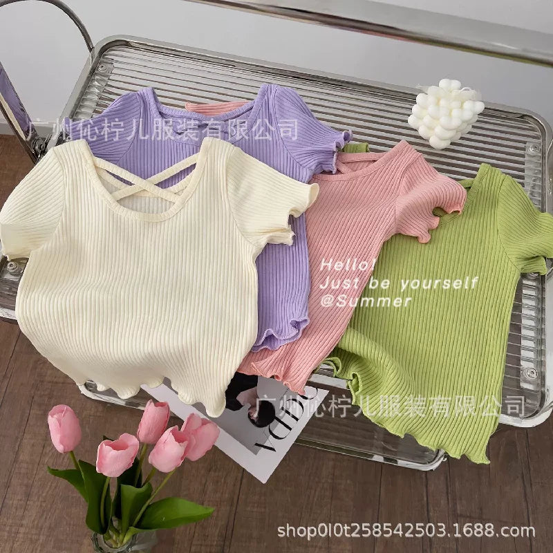 Girls T-Shirt Summer Children Short Sleeved Thin Soft Tops Simple Solid Color Casual Kids Clothing 2-6 Years Sweet Shirtthing - TiniLoom