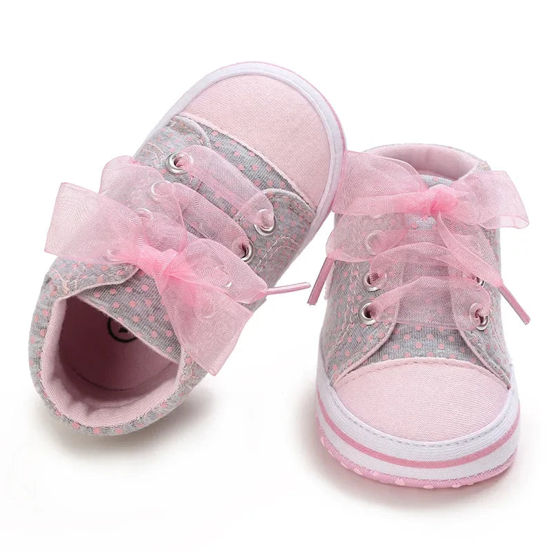 Best-selling Newborn Baby Infant Wearable Toddler Girls Canvas Shoes Heart Bow Tie Baby Lace Casual Shoes Anti-slip Soft Cotton - TiniLoom