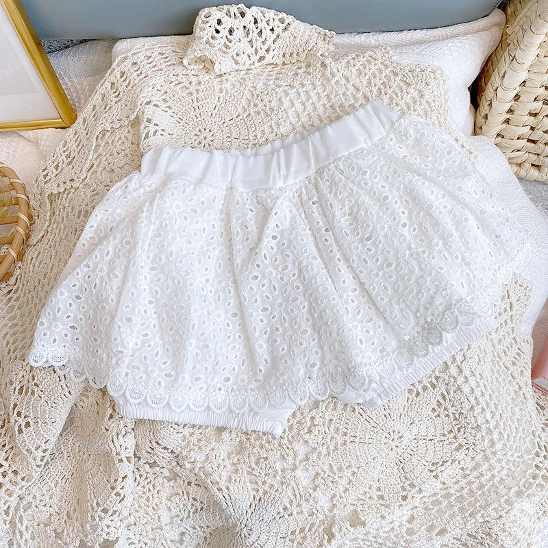 Girls 2024 Summer Clothing Sets Hollow Lace Suit Baby Casual Sleeveless T-shirt+Shorts Kids Clothing Sets Baby Clothes Outfits - TiniLoom