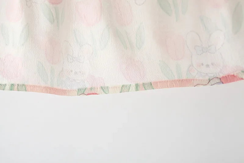 Summer Hardwear Girl Dress Tulip Cartoon Rabbit Print Small Flying Sleeves Flower Neck Bow Ribbon Tulip Flower Pattern - TiniLoom