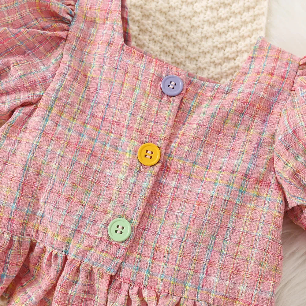 (0-3 Years Old) Summer Baby Girl Cotton Colored Plaid Bubble Sleeve Top and Shorts Set Cute Princess Style Girl Two-piece Set - TiniLoom