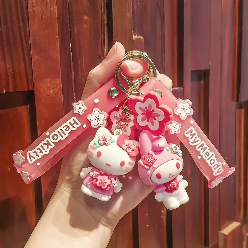 Sanrio Keychain Pink Cherry Blossom Cartoon Doll Kitty Kuromi Cute Cartoon Girl Pericarp Hanging Decoration School Bag Hanging - TiniLoom