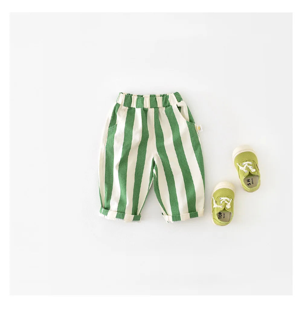2024 Autumn Boy Girl Children Loose Striped Casual Pants Baby Pockets Fashion Pants Kid Outdoor Cotton Trousers Toddler Costume - TiniLoom