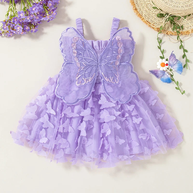Baby Girl Dress Summer Butterfly Mesh Suspender Girl Dress Cute Back Wings Girl Wedding Flower Girl Dress - TiniLoom
