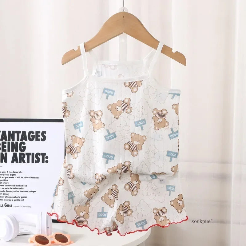 2024 New Kids Tops+shorts Set Summer Thin Baby Cotton Vest Sleeveless Loungewear Set for Girls Suit - TiniLoom