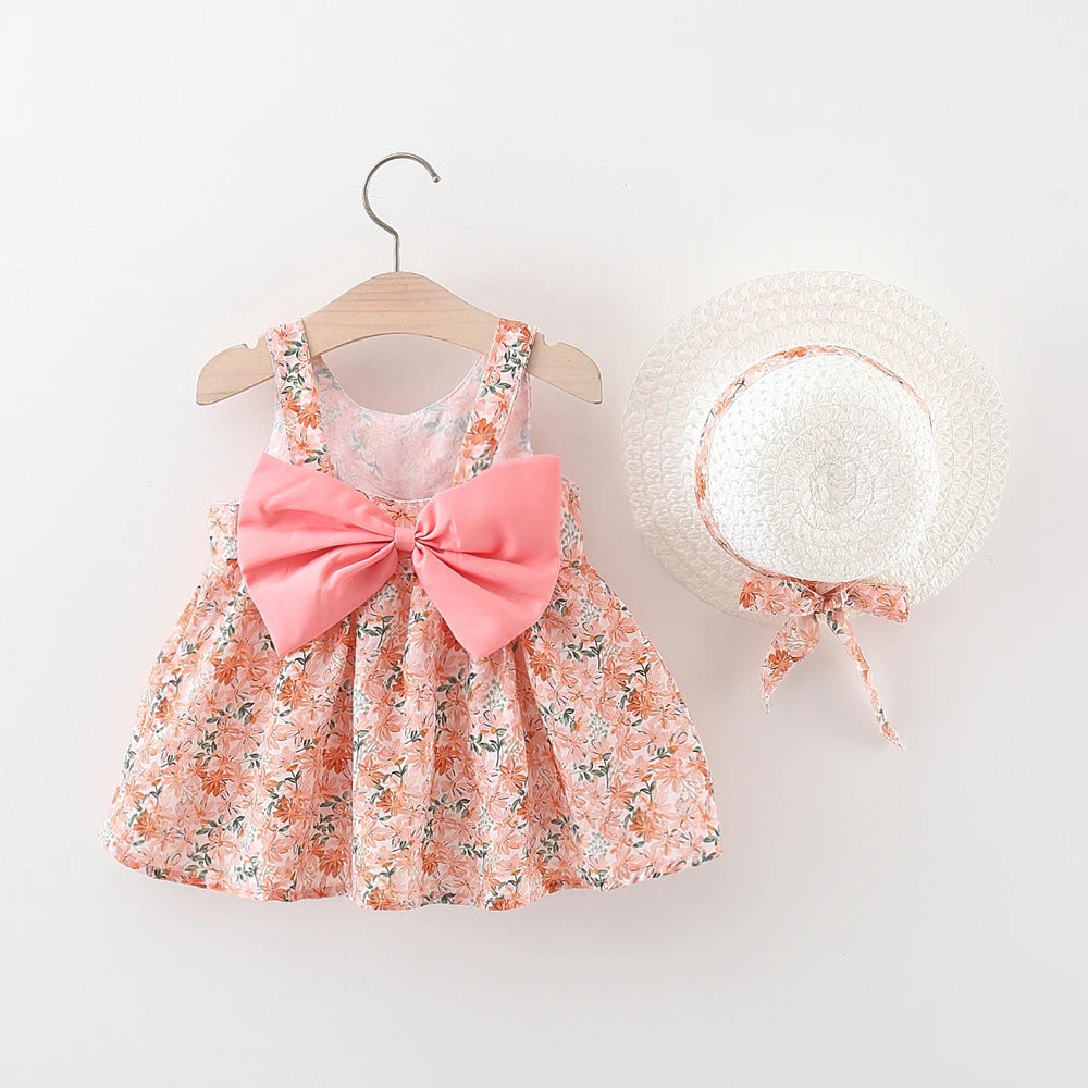 Summer 2-Piece Baby Dress+Sun Hat Bow Strap Floral Baby Girl Dress Soft And Comfortable Children'S Clothing - TiniLoom