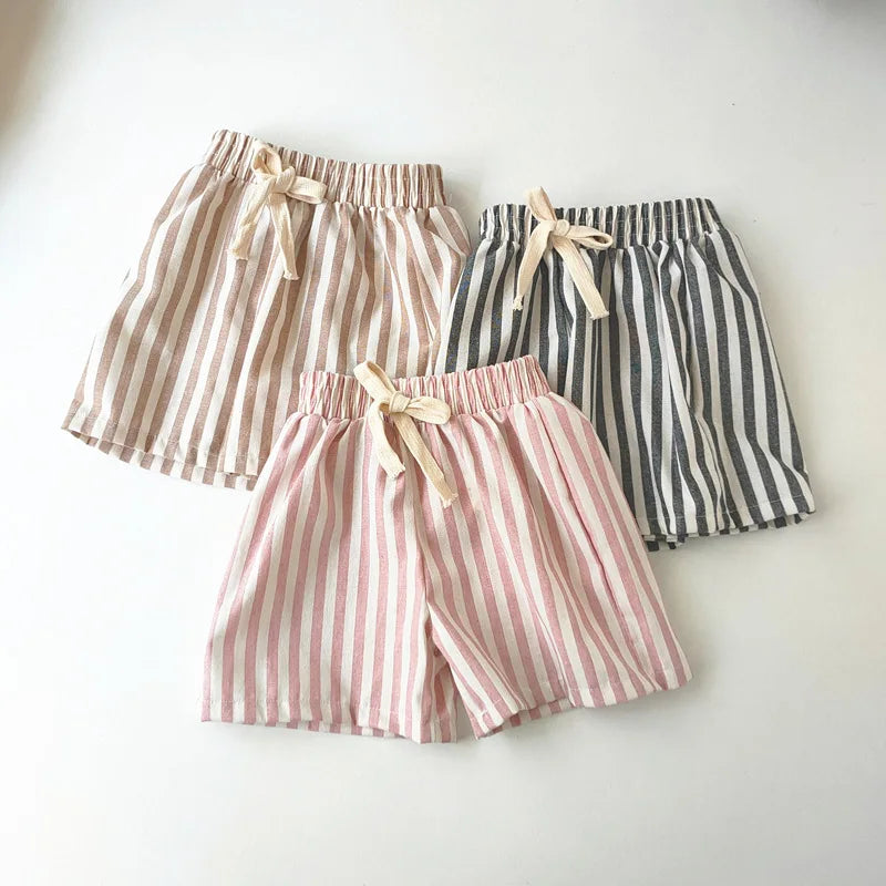 Vintage Linen Cotton Stripe Shorts for Boys Summer Toddler Kids Girls Half Pants Casual Children's Clothing - TiniLoom