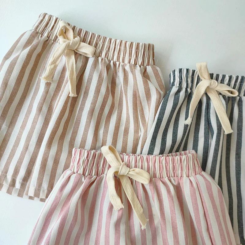Vintage Linen Cotton Stripe Shorts for Boys Summer Toddler Kids Girls Half Pants Casual Children's Clothing - TiniLoom