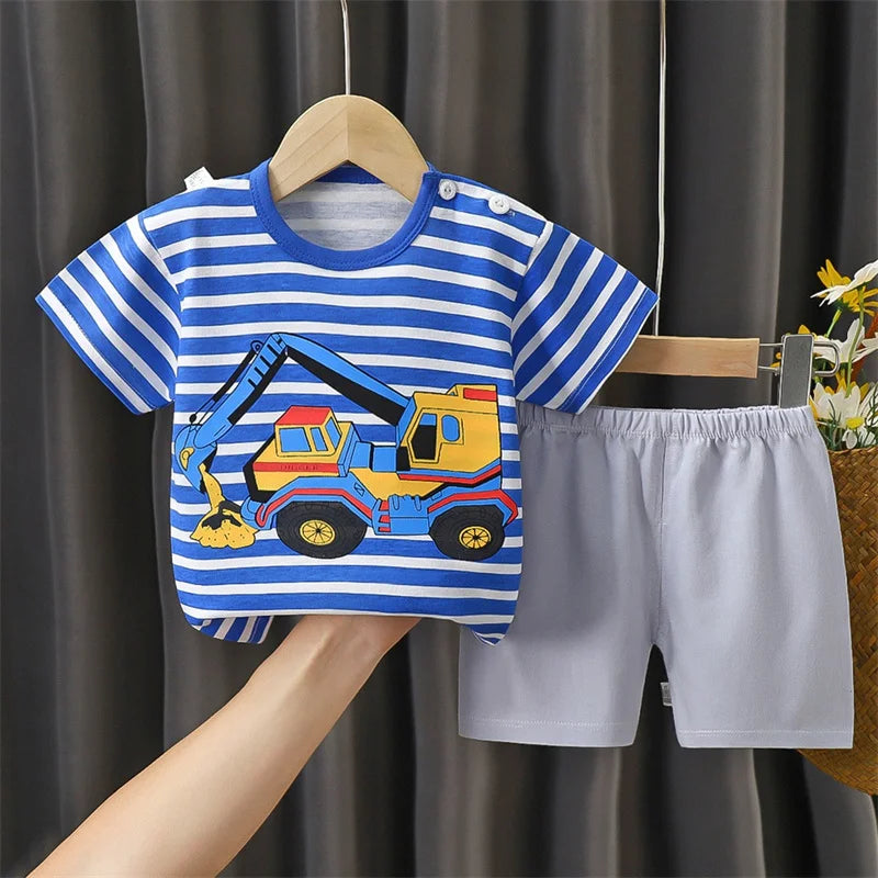 1-6 Y Kids Cartoon Excavator Striped T-Shirt+Shorts 2-Piece Set Cotton Pajama Baby Boys Girls Summer Casual Tracksuit Clothes Su - TiniLoom