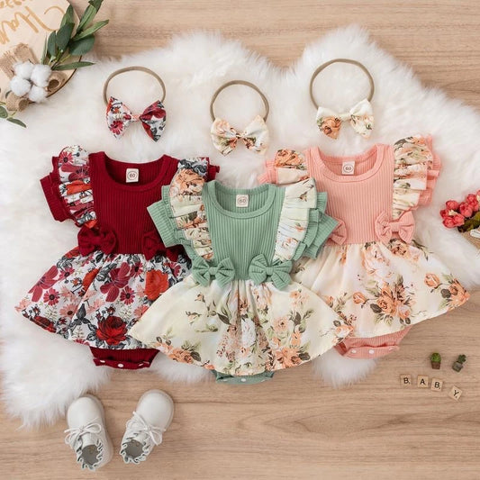 Summer Baby Girl Dress With Bowknot Striped Jumpsuit Cotton Dress For Newborn Floral Clothes Baby Crawling Clothes - TiniLoom