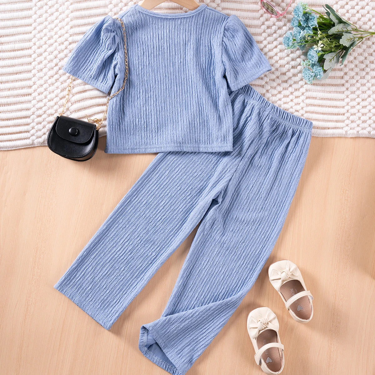 Girls Solid Color Suspenders Summer Suspenders Ruffles + Wide Leg Pants 2 Pieces Dress Set White Cute Elegant Baby Clothes - TiniLoom