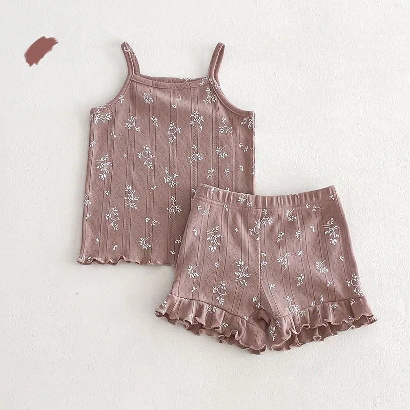 Fashion Baby Girl Cotton Floral Print Clothes Set Strap Vest+Shorts 2PCS Infant Toddler Child Summer Homesuit Baby Clothes 1-10Y