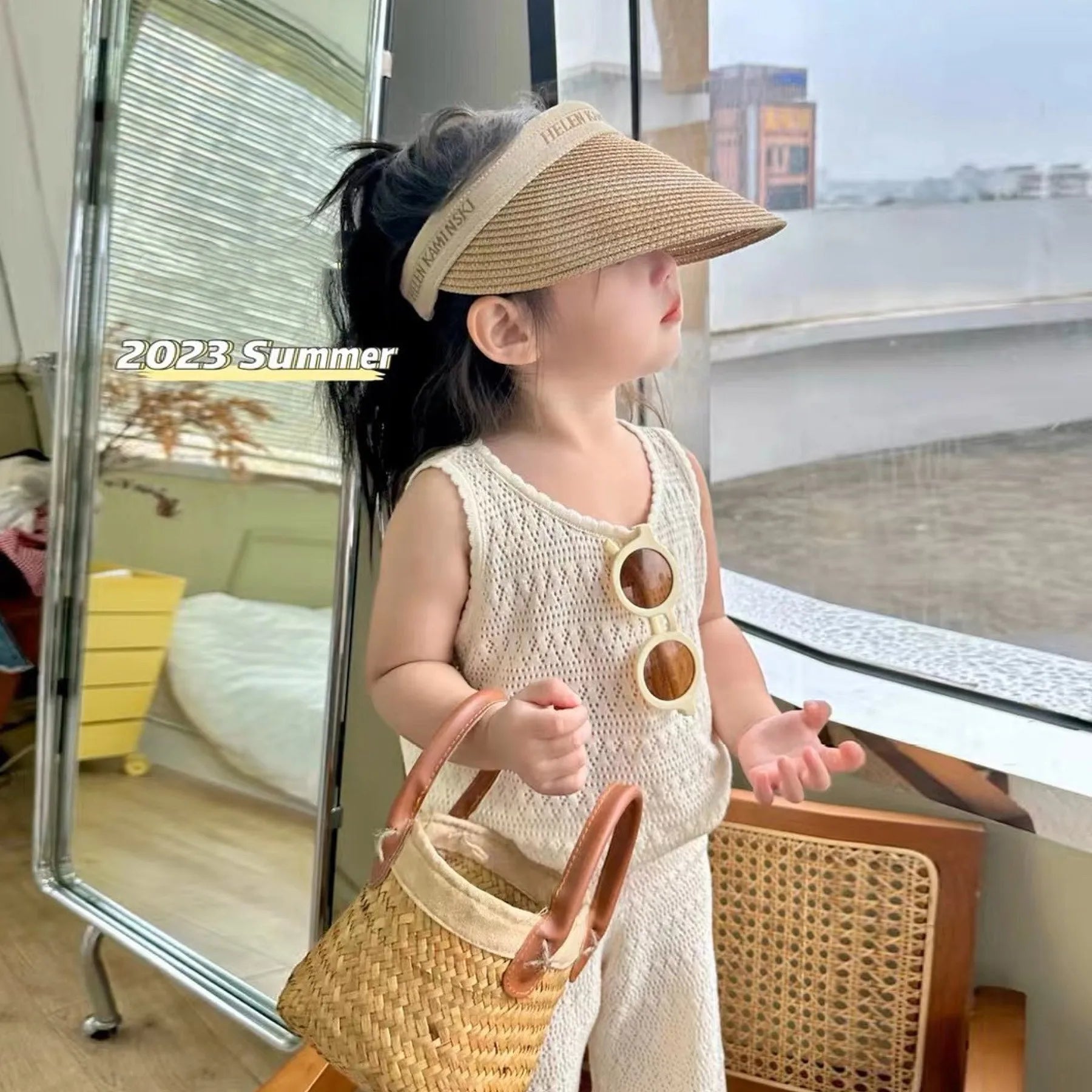 Girl's Clothing Sets 2023 Summer Korean Thin Knitted Girl Set Children Hollow Breathable Vest + Wide Leg Pants Two-piece Suit - TiniLoom