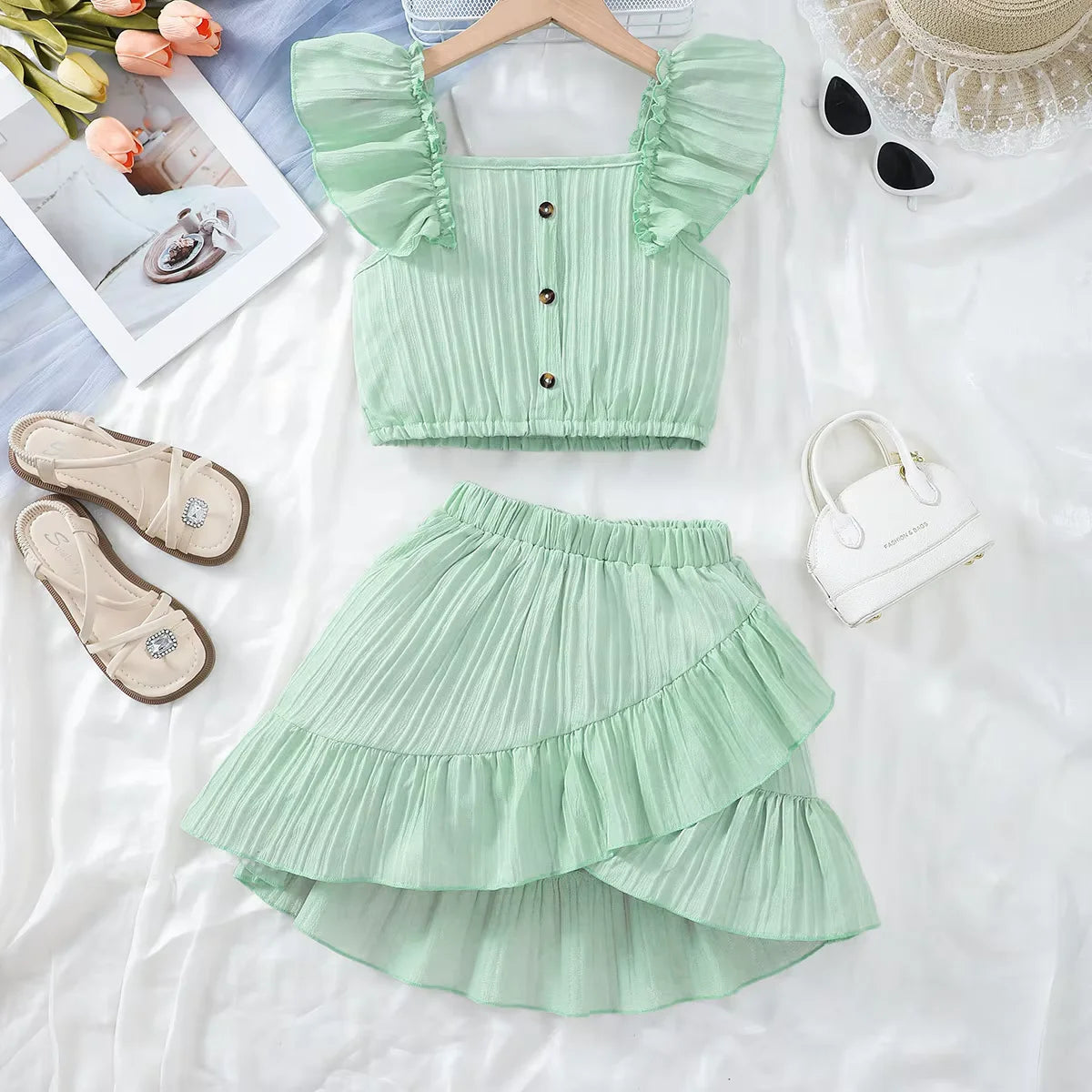 Kid Girls Summer Princess Clothing Set Flutter Sleeve Plain Color Tops+Short Skirt Sweet Style Party Wear For Child 8-12 Years - TiniLoom