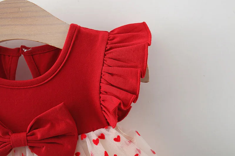 Baby Girl Red Dress Heart Embroidered Mesh Bow Tutu Dress Kids Birthday Party Clothes - TiniLoom