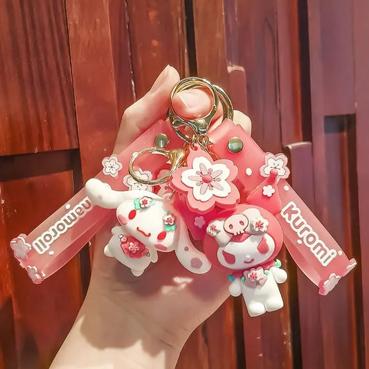Sanrio Keychain Pink Cherry Blossom Cartoon Doll Kitty Kuromi Cute Cartoon Girl Pericarp Hanging Decoration School Bag Hanging - TiniLoom