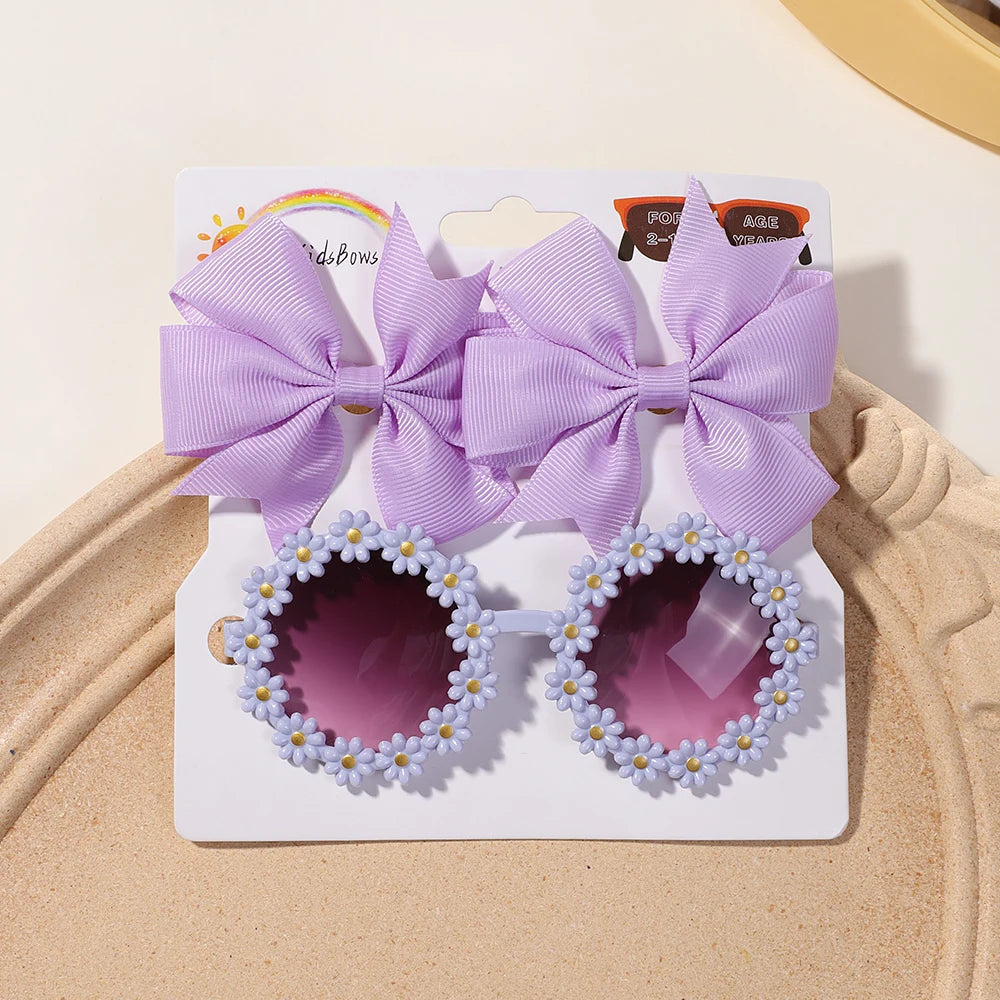 3Pcs/set Cheer Bow Hairclips Retro Flower Sunglasses for Kids Printing Handmade Hairgripes Girls Headwear Glasses Accessories - TiniLoom