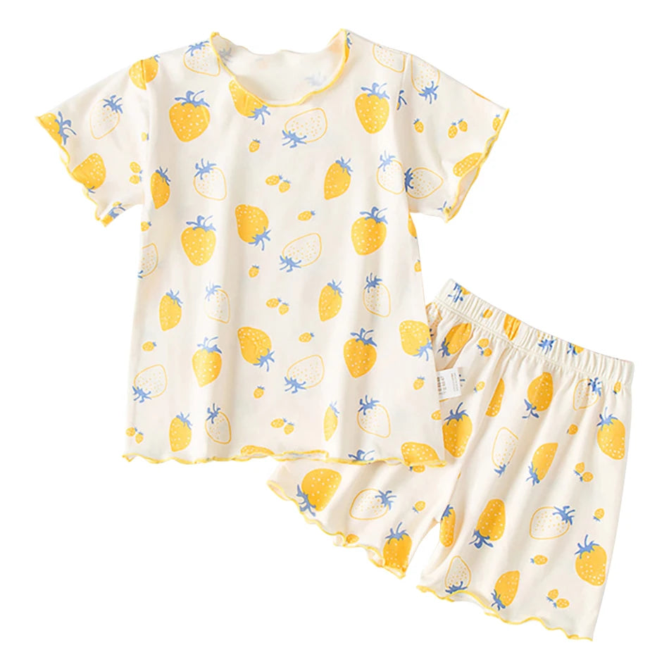 Girls Summer Pajama Sets Stylish Cartoon Pattern Printing Short Sleeve Top and Pants Made from Luxurious Cozy Ice Silk Material - TiniLoom