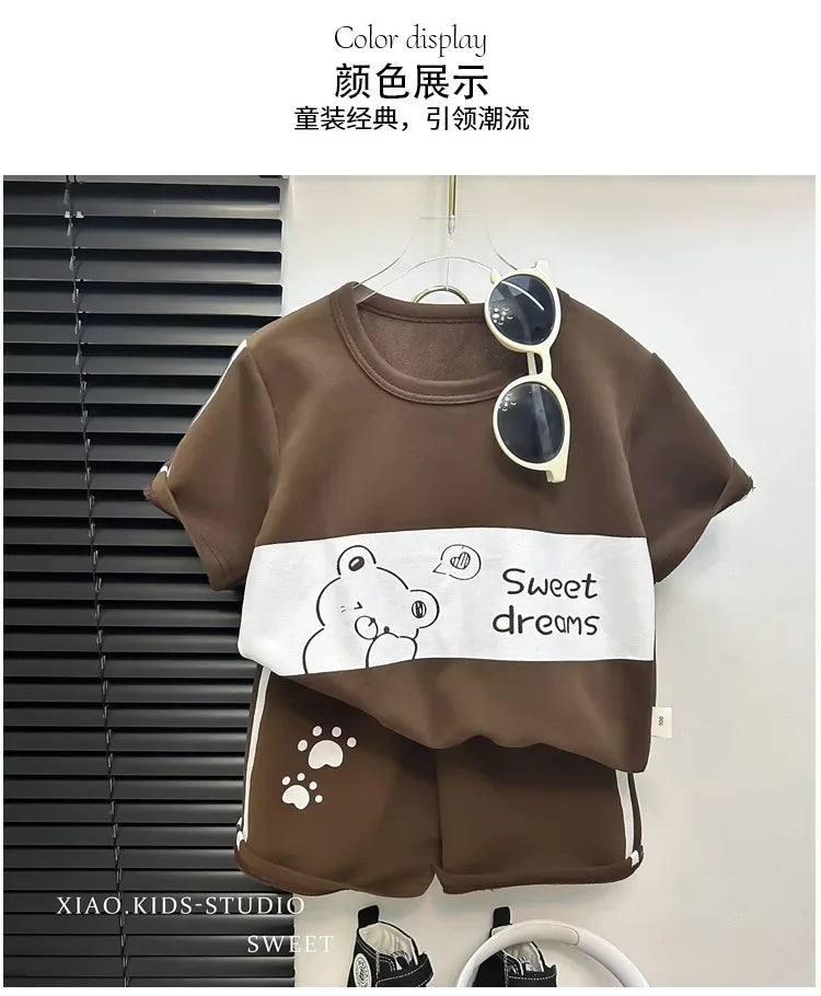 2024 New Kids Short Sleeve Suit Striped Girls Boys Set Summer Tops +short Baby Clothes Children's Wear - TiniLoom