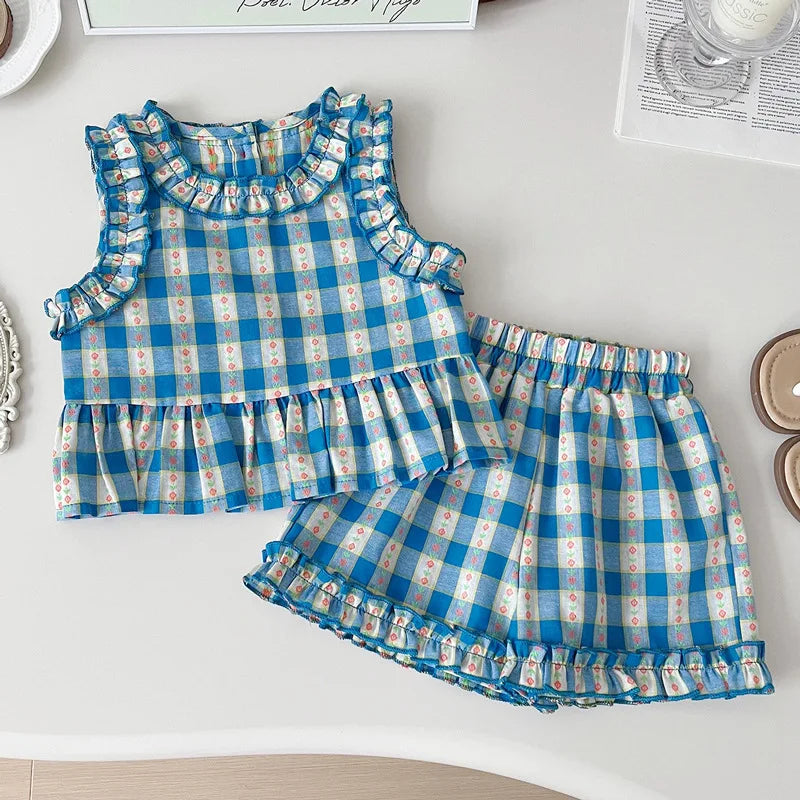 Children's Clothing Sets Blue Plaid Floral Print Sleeveless Top + Wide Leg Pants + Shorts 3 Pcs Sets Kids Clothes for Girls - TiniLoom