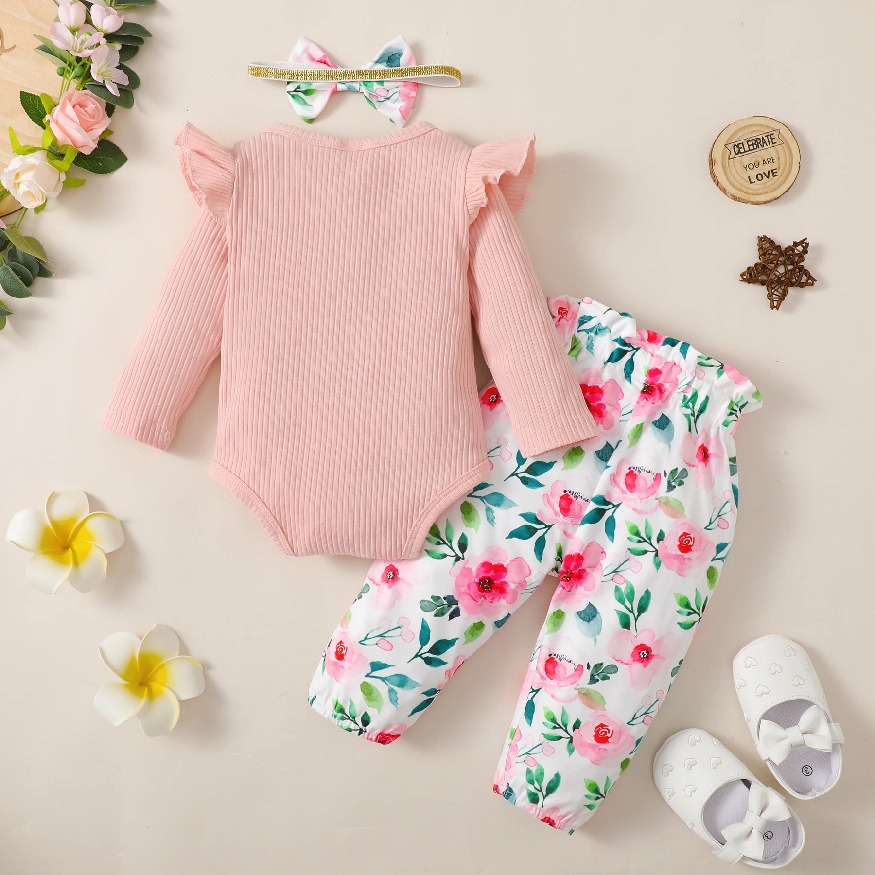 3PCS Baby Girl Clothes Set Long Sleeve Romper Top+Flowers Pant+Headband Spring&Autumn Lovely Outfit for Toddler Girl 0-18 Months - TiniLoom