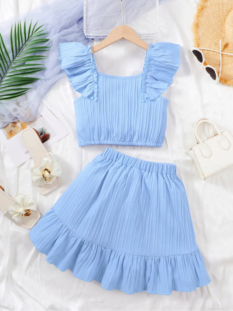 Kid Girls Summer Princess Clothing Set Flutter Sleeve Plain Color Tops+Short Skirt Sweet Style Party Wear For Child 8-12 Years - TiniLoom