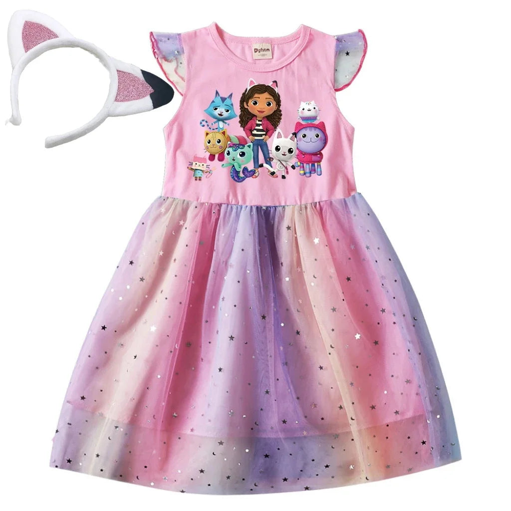 Baby Girls Dress Children Cartoon Mesh Star Sequins Princess Dress Kids Flying Sleeve Skirt For Daily Halloween Birthday Gift - TiniLoom