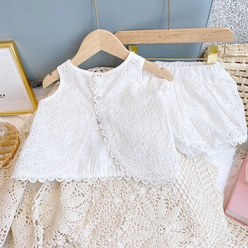 Girls 2024 Summer Clothing Sets Hollow Lace Suit Baby Casual Sleeveless T-shirt+Shorts Kids Clothing Sets Baby Clothes Outfits - TiniLoom