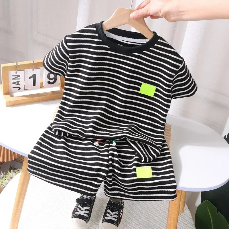 2Pcs Fashion Children Short Sleeve Shorts Sets Summer Kids Clothes Boys Baby Cotton Tee Pant Outfits Black and White Stripe - TiniLoom