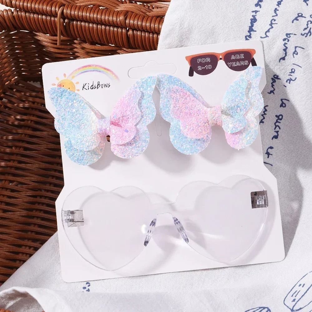 BABY BOWS Butterfly Hairclip Set for Kids Lovely Glasses Accessories Fashion Party Girls Dress Hairpins Headband Gift Set