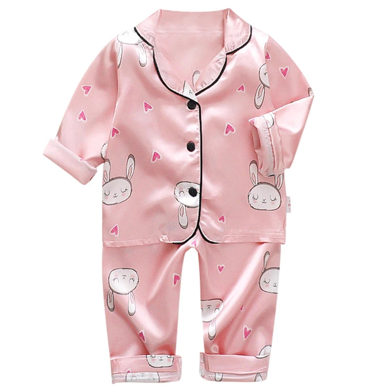 Korean version of childrens pajamas set silk satin long sleeve top+trousers two -piece male baby girl cartoon solid color set - TiniLoom