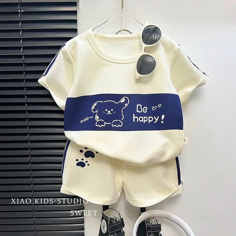 Children's Top and Bottom Clothes Set Short-sleeved Suit Striped Girls Boys T-shirt Summer Children's Clothing Loungewear Outfit - TiniLoom