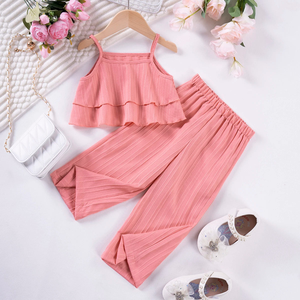 Girls Solid Color Suspenders Summer Suspenders Ruffles + Wide Leg Pants 2 Pieces Dress Set White Cute Elegant Baby Clothes - TiniLoom