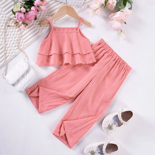 Girls Solid Color Suspenders Summer Suspenders Ruffles + Wide Leg Pants 2 Pieces Dress Set White Cute Elegant Baby Clothes - TiniLoom