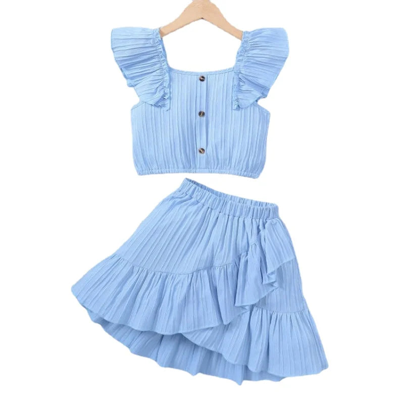 Kid Girls Summer Princess Clothing Set Flutter Sleeve Plain Color Tops+Short Skirt Sweet Style Party Wear For Child 8-12 Years - TiniLoom