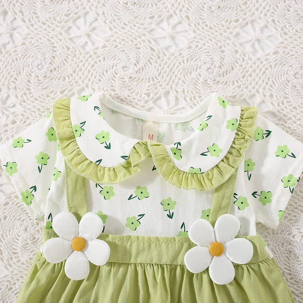 (0-3 Years Old) Summer Baby Girl Cotton Flower Fake Two-Piece Shoulder Strap Dress Girl Cute Short Sleeved Dress - TiniLoom