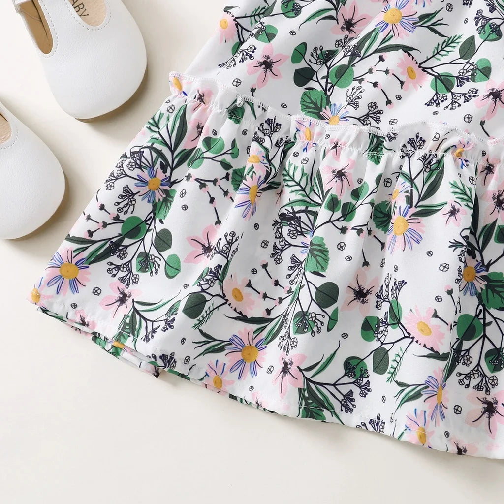 1-6 Years Kids Baby Girl Daily Dress Flowers Print Sleeveless Retro Style Lovely A- Line Summer Children Holiday Party Dresses - TiniLoom