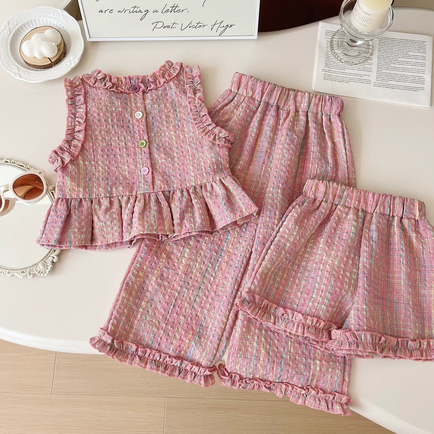 Children's Clothing Sets Blue Plaid Floral Print Sleeveless Top + Wide Leg Pants + Shorts 3 Pcs Sets Kids Clothes for Girls - TiniLoom