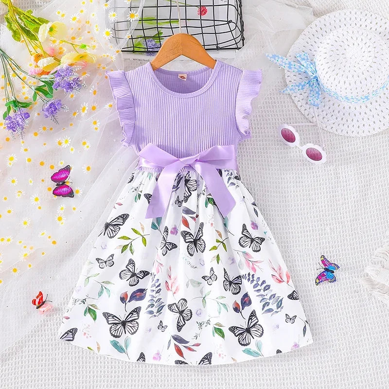 Set For Kids  Girl 3-7 Years old Ruffled Sleeve Butterfly Floral Tulle Cute Princess Formal Dresses with Belt Ootd For Baby Girl - TiniLoom
