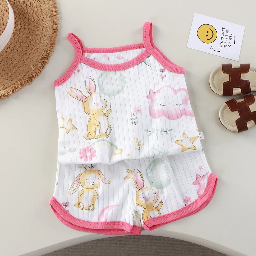 Girls Summer Clothes Sets New Baby Sleeveless Tops Shorts 2 Pieces Suit Girls Square Collar Clothing Set Kids Cotton Clothes - TiniLoom