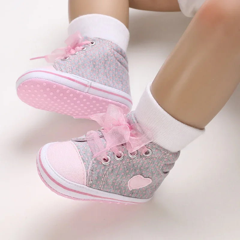 Best-selling Newborn Baby Infant Wearable Toddler Girls Canvas Shoes Heart Bow Tie Baby Lace Casual Shoes Anti-slip Soft Cotton - TiniLoom