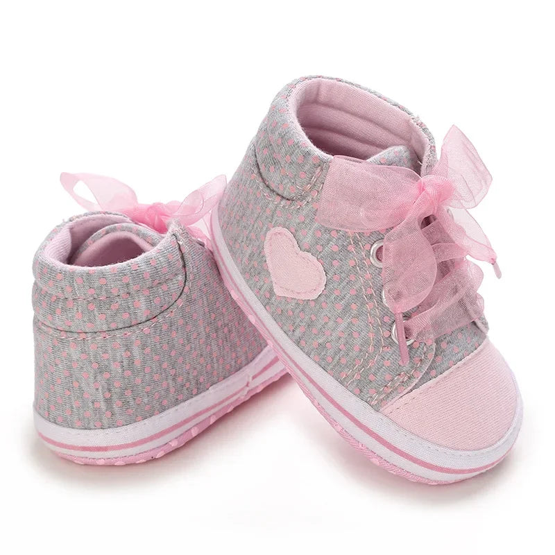 Best-selling Newborn Baby Infant Wearable Toddler Girls Canvas Shoes Heart Bow Tie Baby Lace Casual Shoes Anti-slip Soft Cotton - TiniLoom