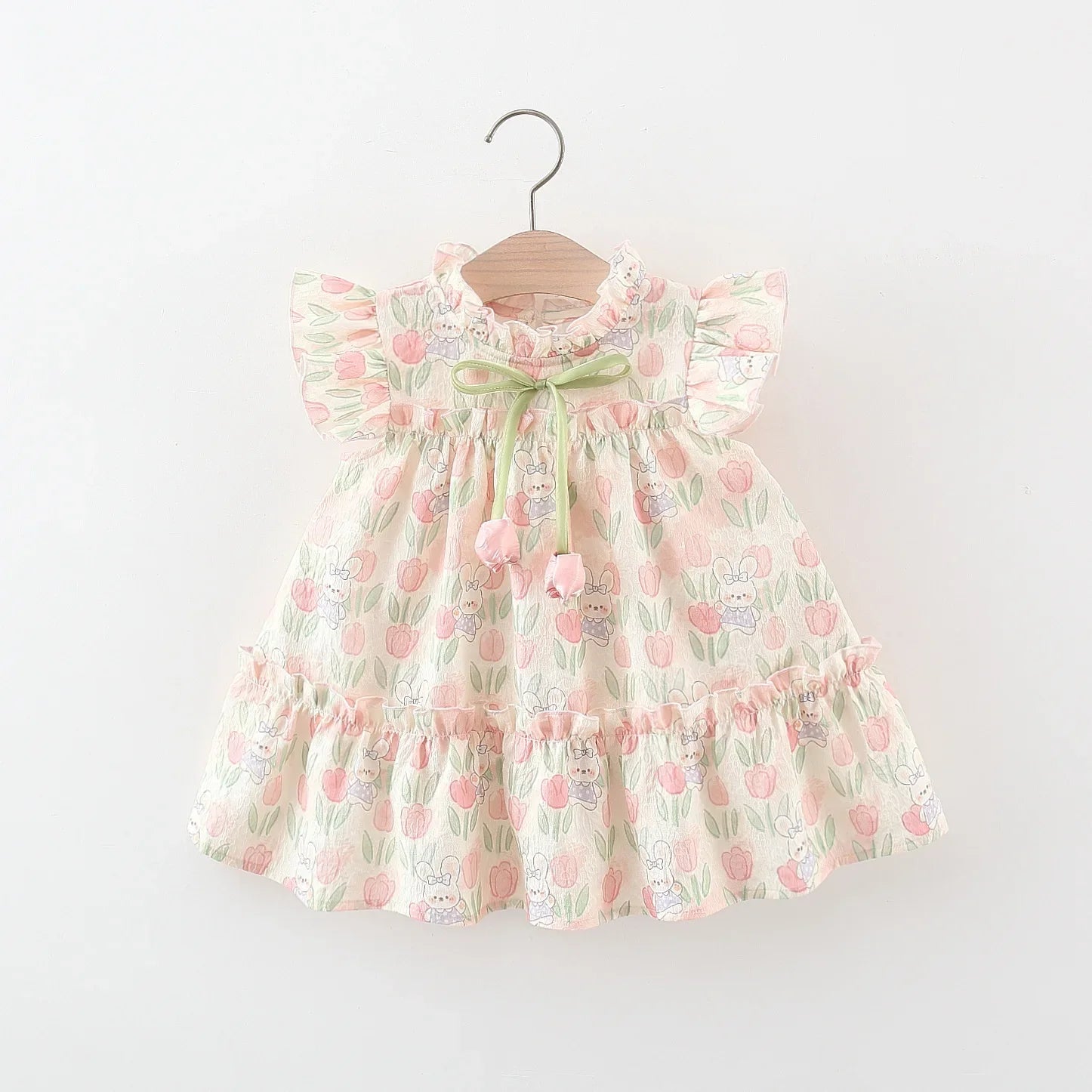 Summer Hardwear Girl Dress Tulip Cartoon Rabbit Print Small Flying Sleeves Flower Neck Bow Ribbon Tulip Flower Pattern - TiniLoom