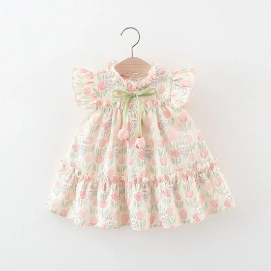 Summer Hardwear Girl Dress Tulip Cartoon Rabbit Print Small Flying Sleeves Flower Neck Bow Ribbon Tulip Flower Pattern - TiniLoom