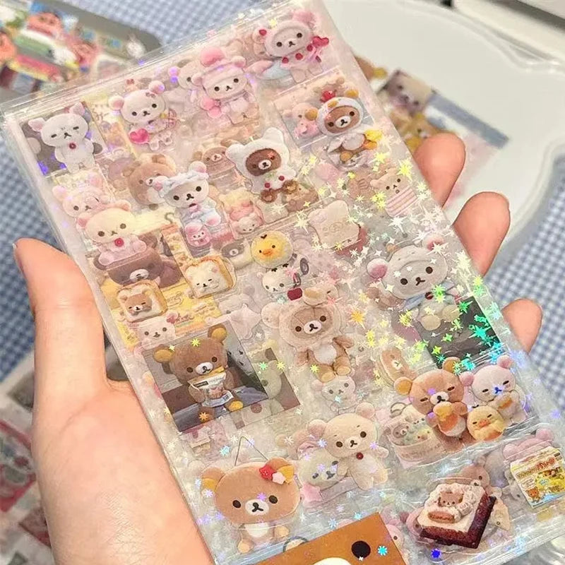 5pcs Kt Rilakkuma Cartoon Die-Cutting Sticker Kt Cat Diy Flashing Laser Stickers Anime Handbook Material Stickers Girl Kid Gift - TiniLoom