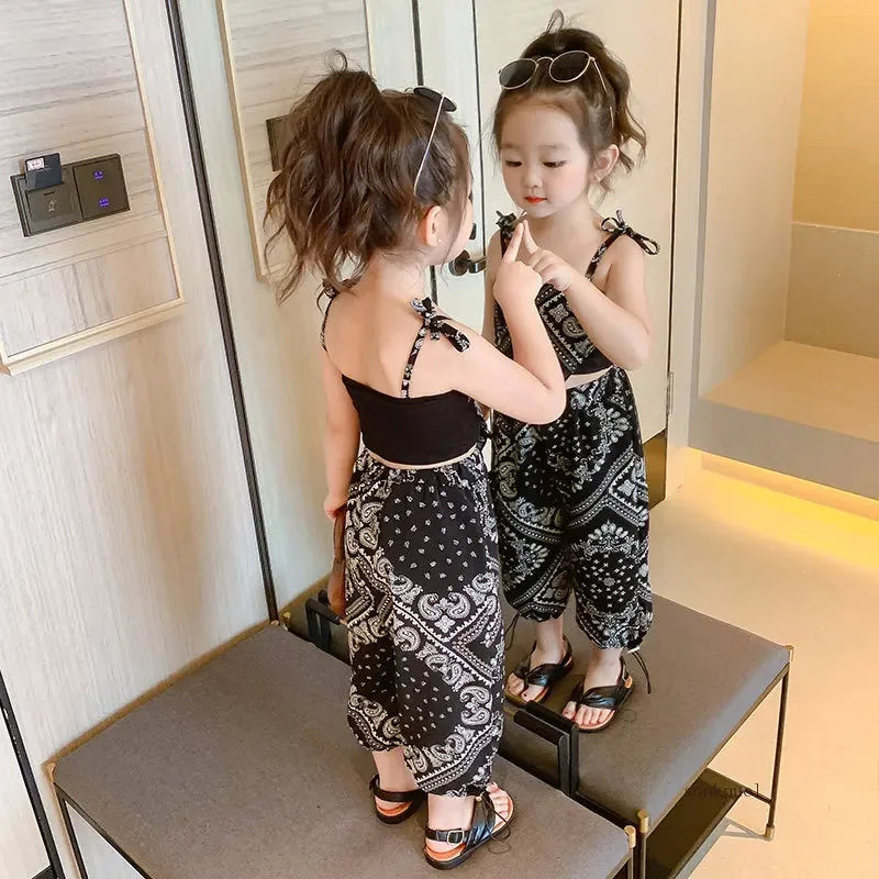3-6Years Summer Suit Thin Girls Suit Suspender Mosquito-proof Pants Two Pieces of Cute Girl Children's Clothes - TiniLoom