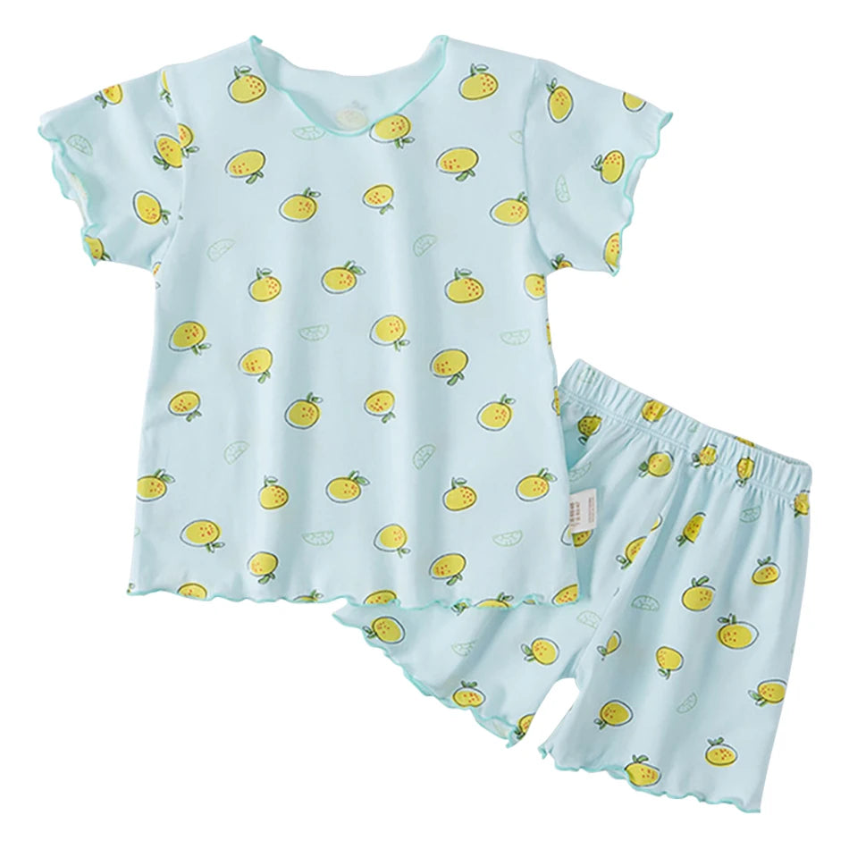 Girls Summer Pajama Sets Stylish Cartoon Pattern Printing Short Sleeve Top and Pants Made from Luxurious Cozy Ice Silk Material - TiniLoom