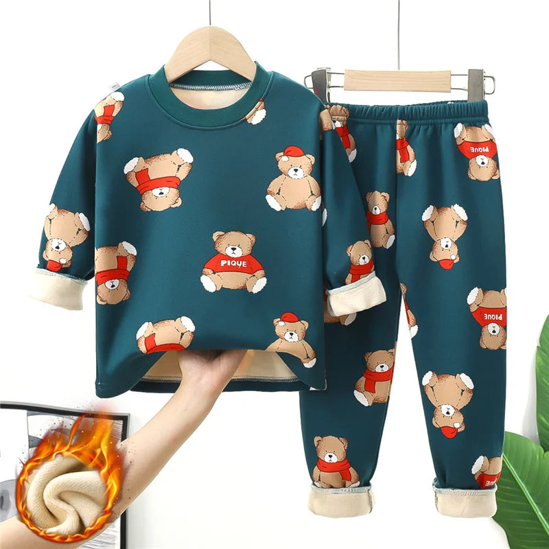 Kids Warm Pajama Sets Autumn Winter Plus Velvets Clothing Suits Boys Girls Fashion Print Pullover+Pants 2Pcs Outfits 1-14 Years - TiniLoom
