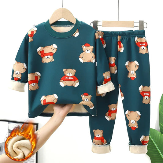 Kids Warm Pajama Sets Autumn Winter Plus Velvets Clothing Suits Boys Girls Fashion Print Pullover+Pants 2Pcs Outfits 1-14 Years - TiniLoom
